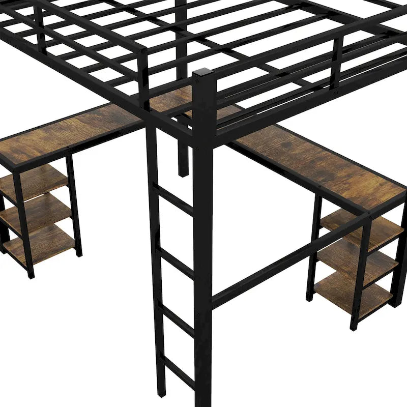 Lit mezzanine en métal avec bureau et étagères, lit mezzanine avec échelle et balustrades, cadre de lit mezzanine pour chambre, noir