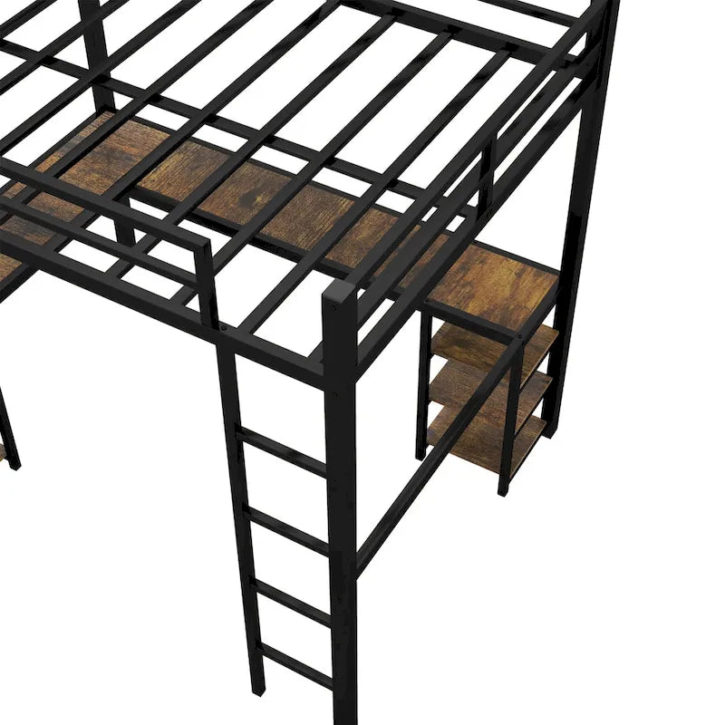 Lit mezzanine en métal avec bureau et étagères, lit mezzanine avec échelle et balustrades, cadre de lit mezzanine pour chambre, noir