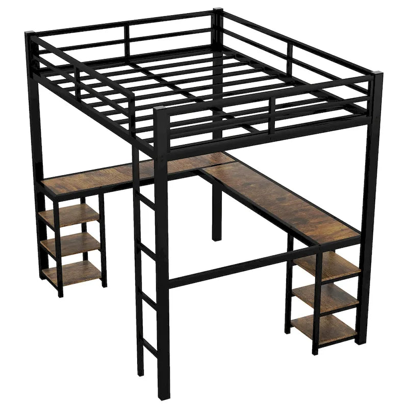 Lit mezzanine en métal avec bureau et étagères, lit mezzanine avec échelle et balustrades, cadre de lit mezzanine pour chambre, noir