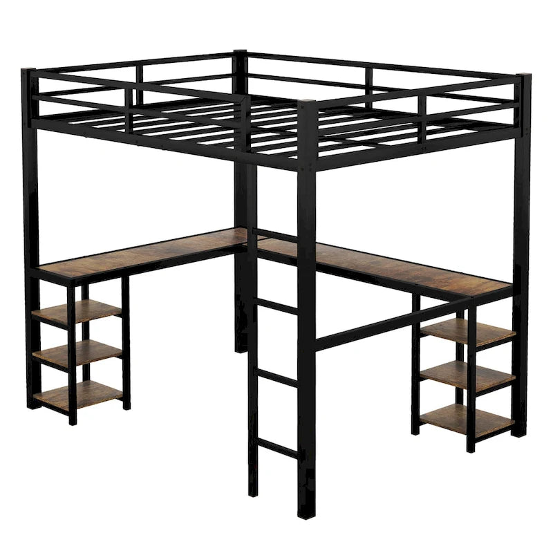 Lit mezzanine en métal avec bureau et étagères, lit mezzanine avec échelle et balustrades, cadre de lit mezzanine pour chambre, noir