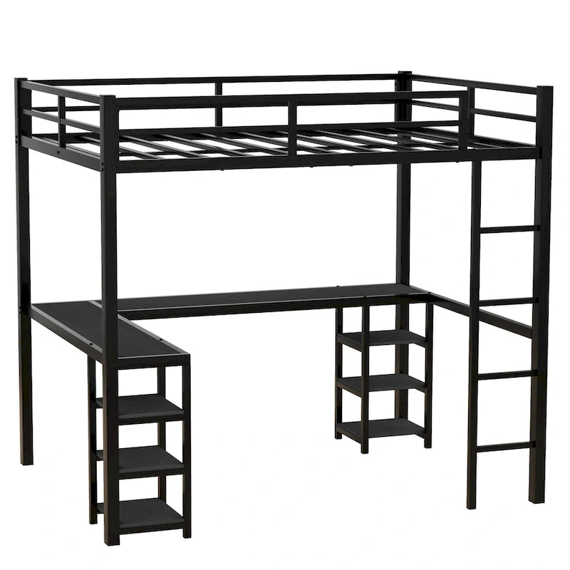 Lit mezzanine en métal avec bureau et étagères, lit mezzanine avec échelle et balustrades, cadre de lit mezzanine pour chambre, noir