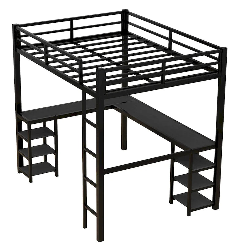 Lit mezzanine en métal avec bureau et étagères, lit mezzanine avec échelle et balustrades, cadre de lit mezzanine pour chambre, noir