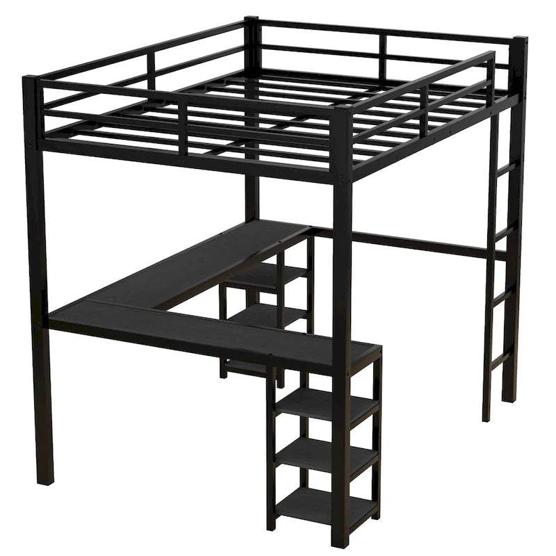 Lit mezzanine en métal avec bureau et étagères, lit mezzanine avec échelle et balustrades, cadre de lit mezzanine pour chambre, noir