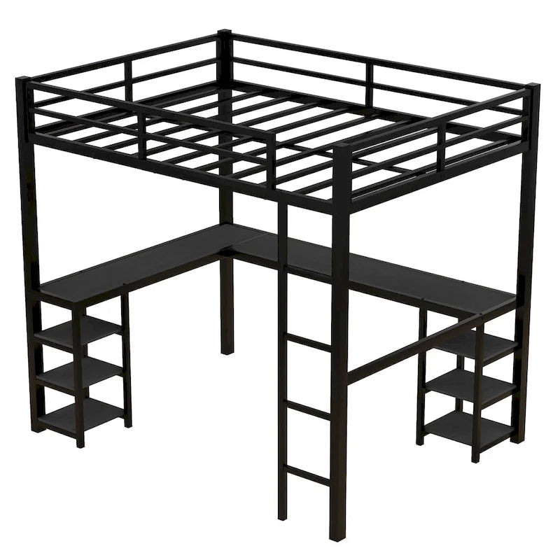 Lit mezzanine en métal avec bureau et étagères, lit mezzanine avec échelle et balustrades, cadre de lit mezzanine pour chambre, noir