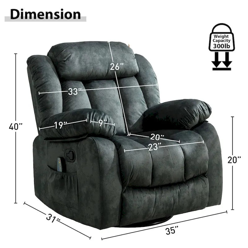 Fauteuil inclinable et pivotant à 360° avec massage manuel, chaleur et vibrations