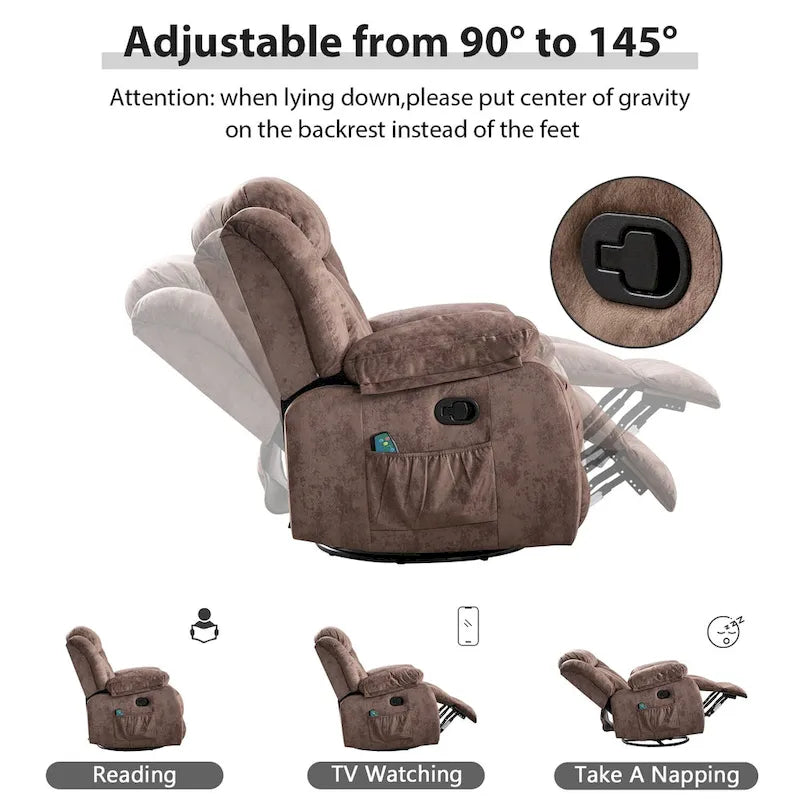 Fauteuil inclinable et pivotant à 360° avec massage manuel, chaleur et vibrations