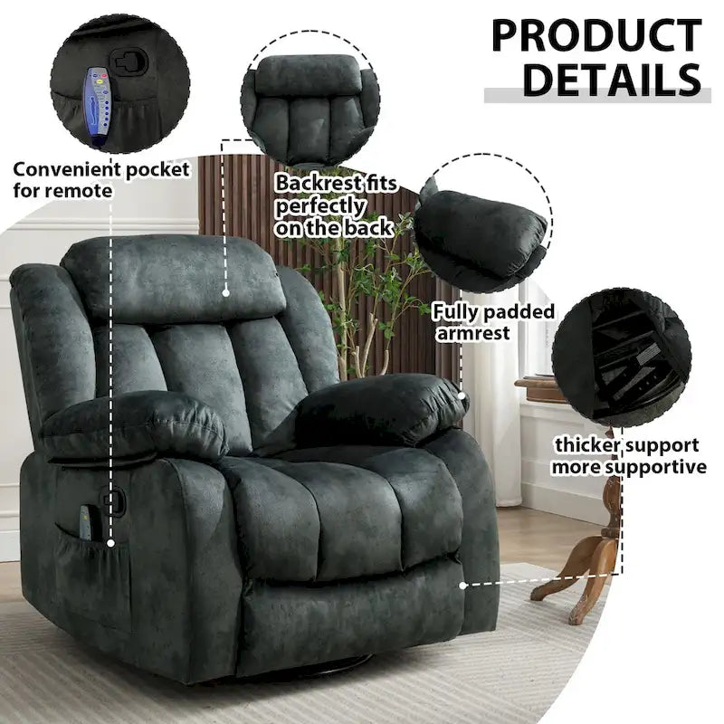 Fauteuil inclinable et pivotant à 360° avec massage manuel, chaleur et vibrations