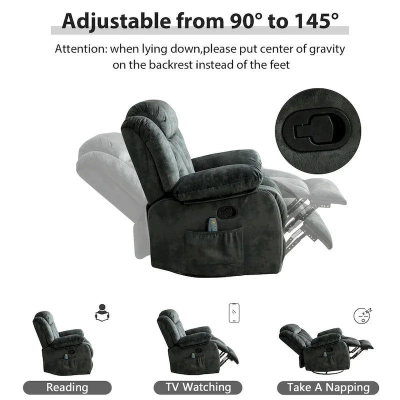 Fauteuil inclinable et pivotant à 360° avec massage manuel, chaleur et vibrations