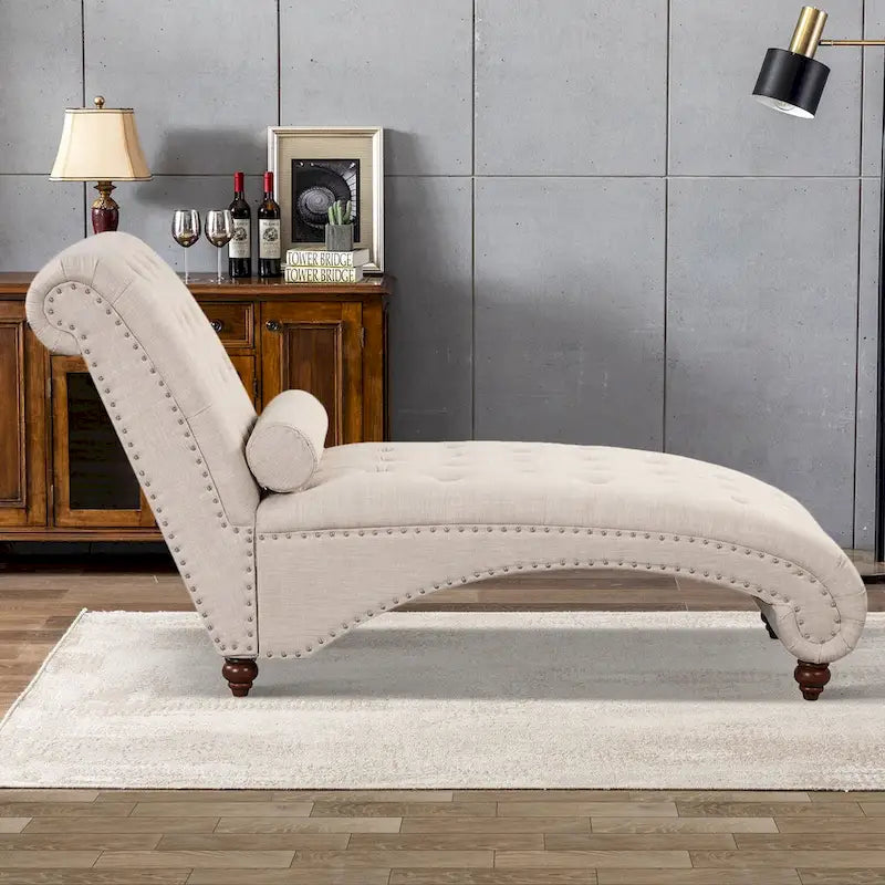 Chaise longue moderne en velours sans accoudoirs avec 1 coussin cylindrique