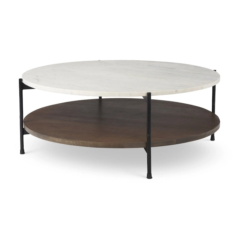 Table basse ronde à deux plateaux en marbre blanc et bois massif