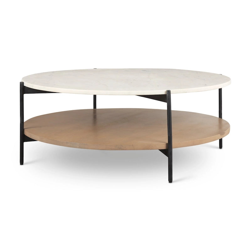 Table basse ronde à deux plateaux en marbre blanc et bois massif