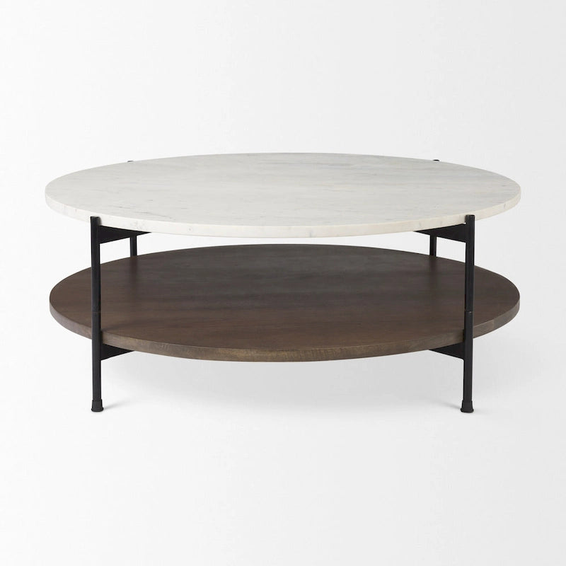 Table basse ronde à deux plateaux en marbre blanc et bois massif