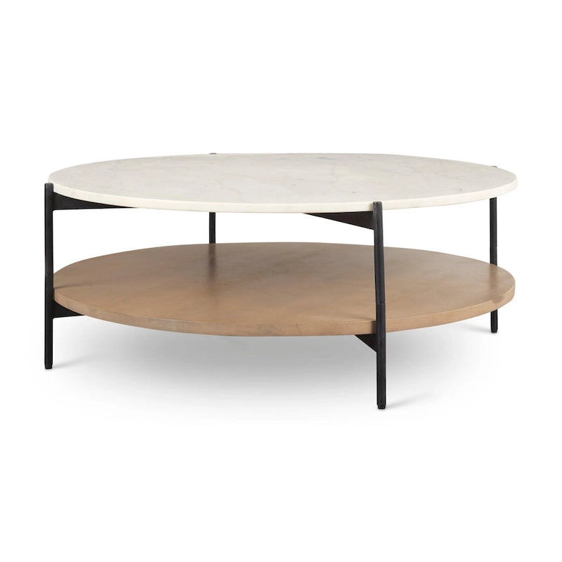 Table basse ronde à deux plateaux en marbre blanc et bois massif