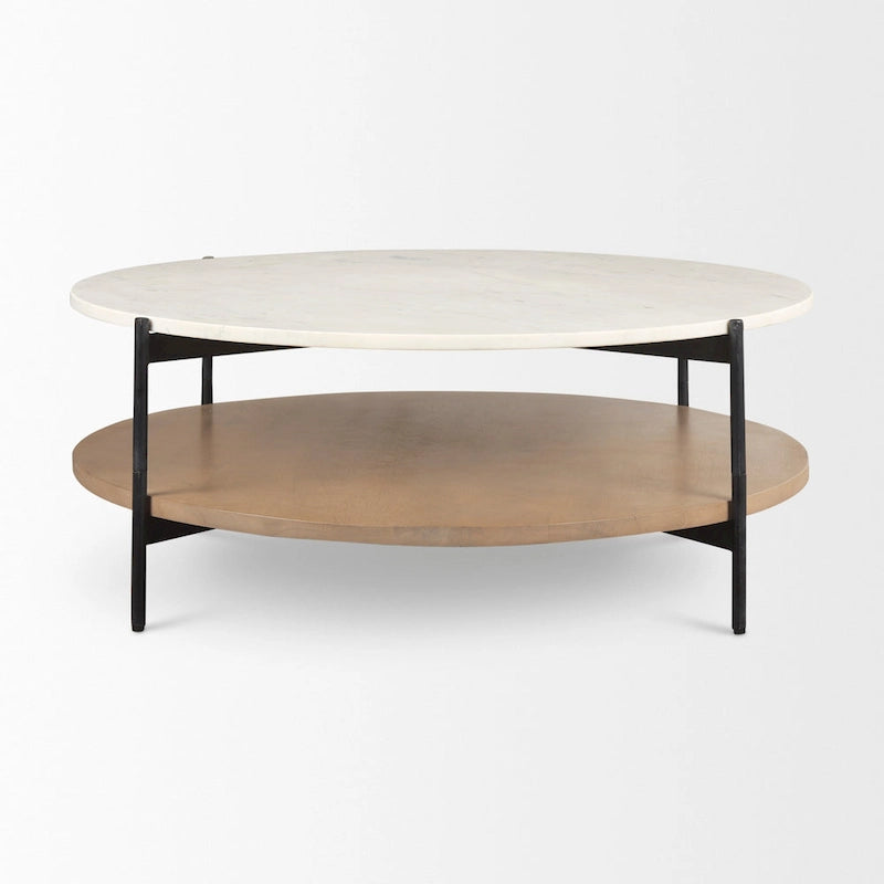 Table basse ronde à deux plateaux en marbre blanc et bois massif