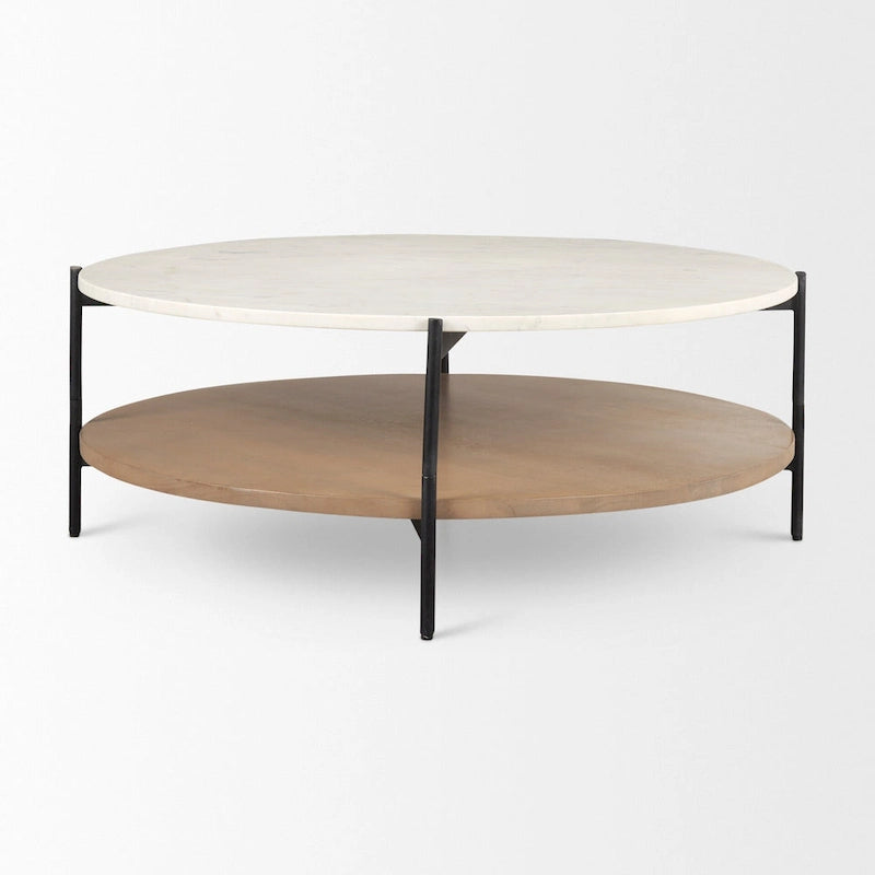 Table basse ronde à deux plateaux en marbre blanc et bois massif