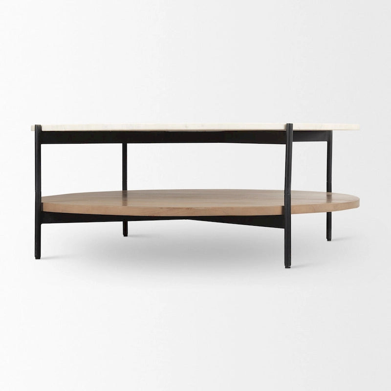 Table basse ronde à deux plateaux en marbre blanc et bois massif