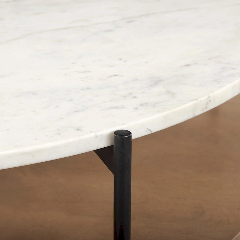 Table basse ronde à deux plateaux en marbre blanc et bois massif
