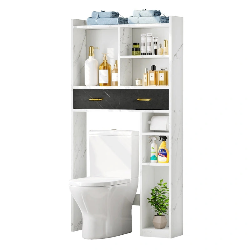 Meuble de rangement de salle de bain au-dessus des toilettes avec tiroirs et étagères