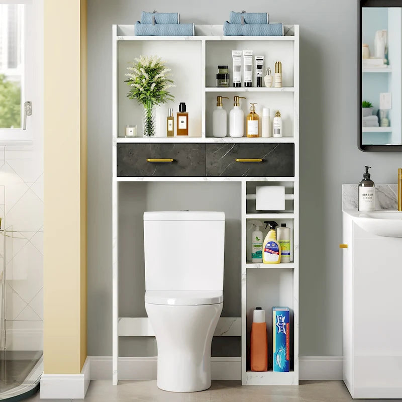 Meuble de rangement de salle de bain au-dessus des toilettes avec tiroirs et étagères