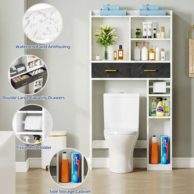Meuble de rangement de salle de bain au-dessus des toilettes avec tiroirs et étagères