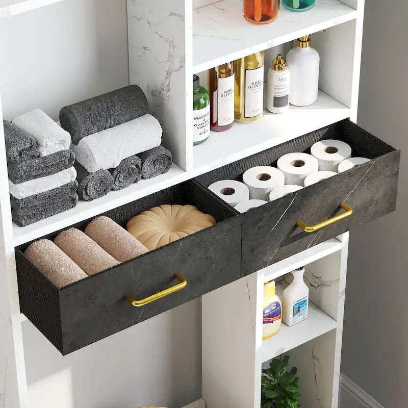 Meuble de rangement de salle de bain au-dessus des toilettes avec tiroirs et étagères