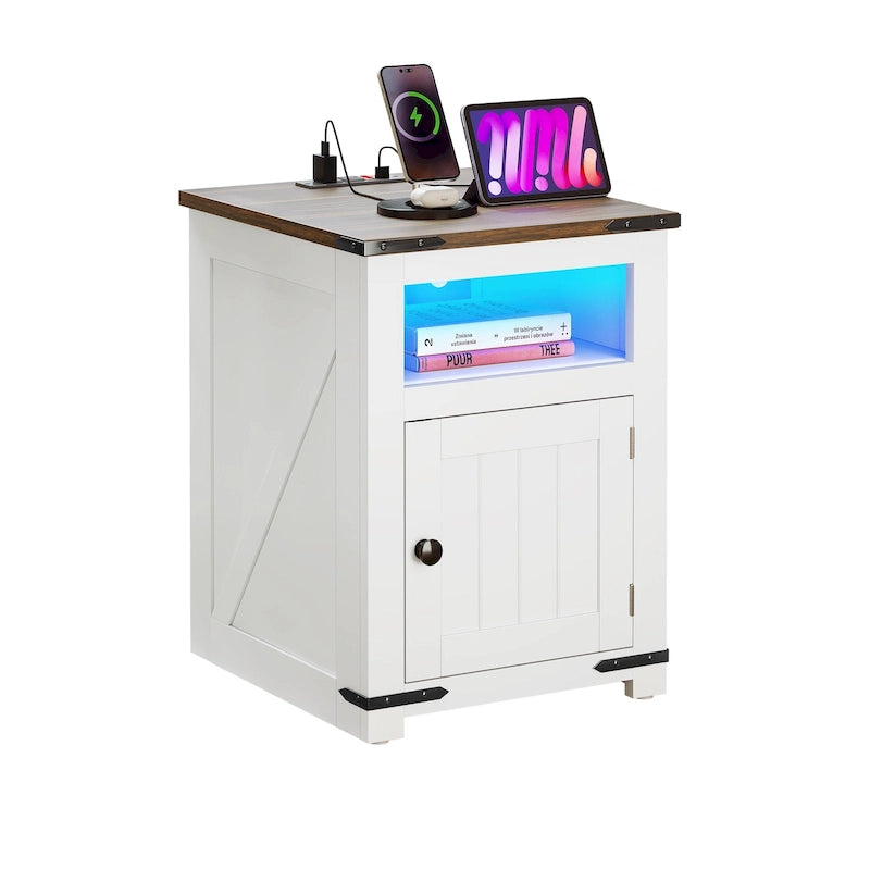 Table d'appoint de style ferme avec station de recharge, Table d'appoint de canapé avec USB et rangement