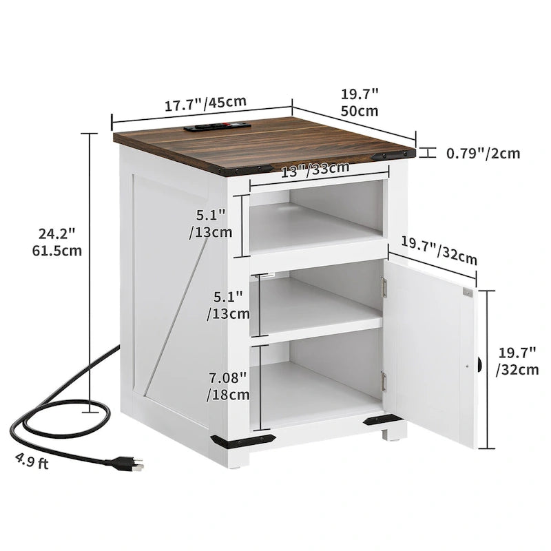 Table d'appoint de style ferme avec station de recharge, Table d'appoint de canapé avec USB et rangement