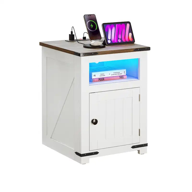 Table d'appoint de style ferme avec station de recharge, Table d'appoint de canapé avec USB et rangement