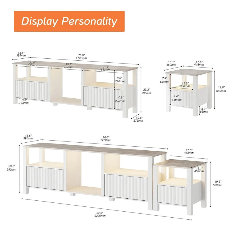 Meuble TV LED pour téléviseur de 75 pouces, meuble console TV moderne avec armoire