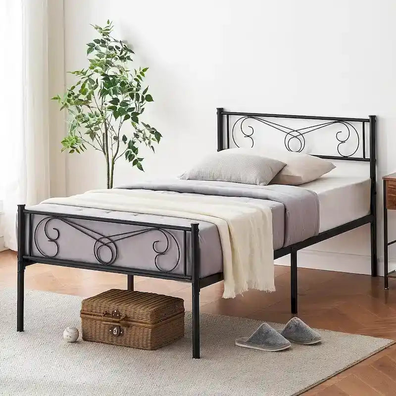 Lit avec rangement, avec tête et pied de lit à motif vintage, supporte jusqu'à 360 kg