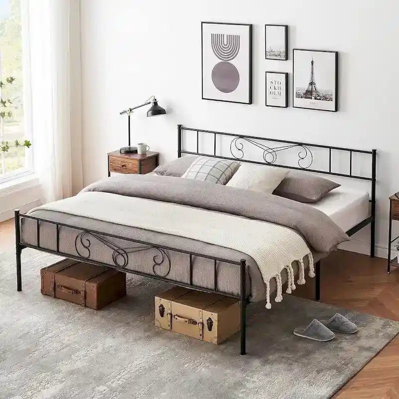 Lit avec rangement, avec tête et pied de lit à motif vintage, supporte jusqu'à 360 kg