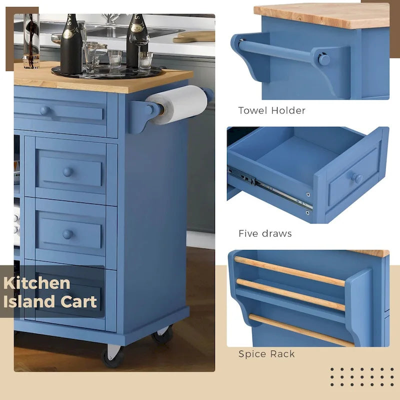 Chariot de cuisine avec rangement et 5 tiroirs, étagère à épices, porte-serviettes, îlot de cuisine mobile roulant avec plateau en bois d'hévéa