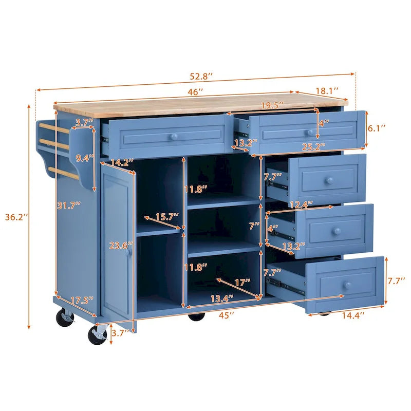 Chariot de cuisine avec rangement et 5 tiroirs, étagère à épices, porte-serviettes, îlot de cuisine mobile roulant avec plateau en bois d'hévéa