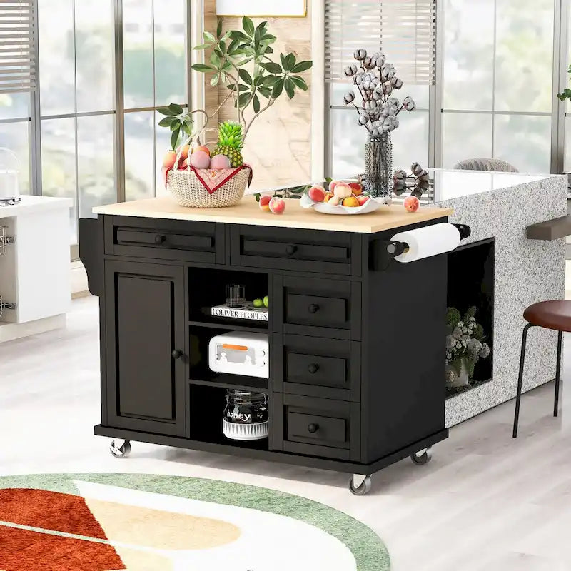 Chariot de cuisine avec rangement et 5 tiroirs, étagère à épices, porte-serviettes, îlot de cuisine mobile roulant avec plateau en bois d'hévéa