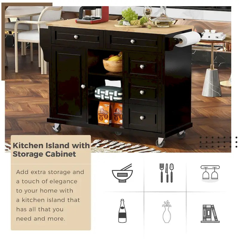 Chariot de cuisine avec rangement et 5 tiroirs, étagère à épices, porte-serviettes, îlot de cuisine mobile roulant avec plateau en bois d'hévéa