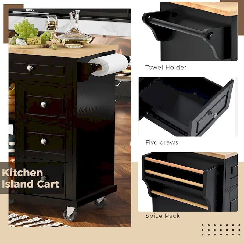 Chariot de cuisine avec rangement et 5 tiroirs, étagère à épices, porte-serviettes, îlot de cuisine mobile roulant avec plateau en bois d'hévéa