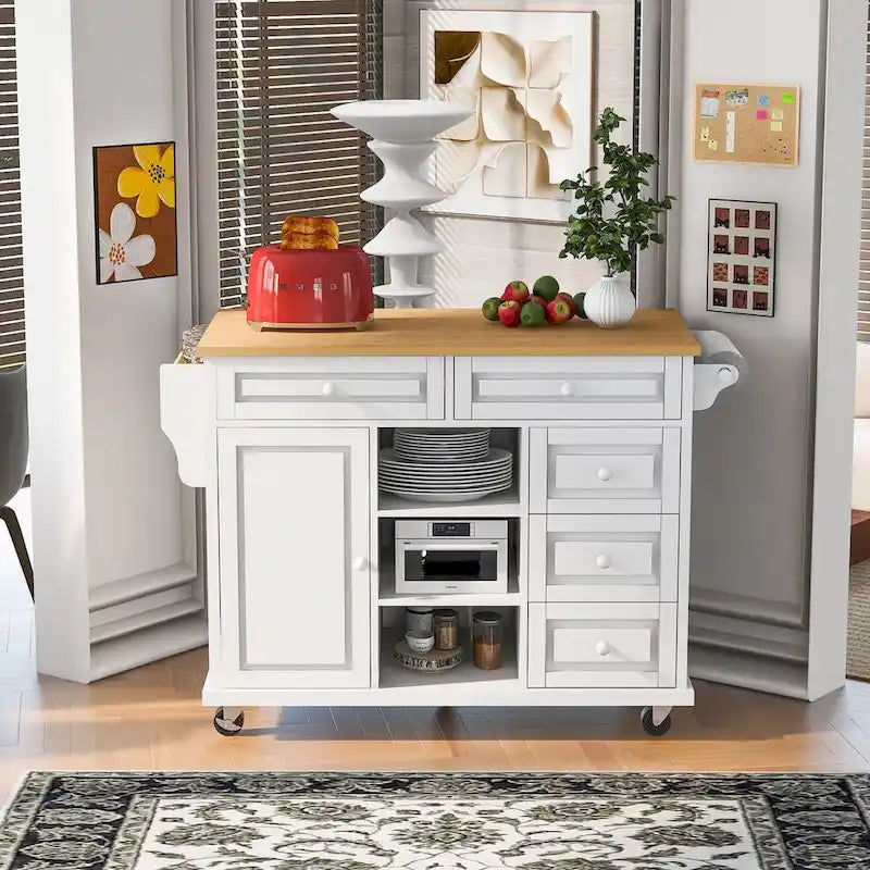 Chariot de cuisine avec rangement et 5 tiroirs, étagère à épices, porte-serviettes, îlot de cuisine mobile roulant avec plateau en bois d'hévéa