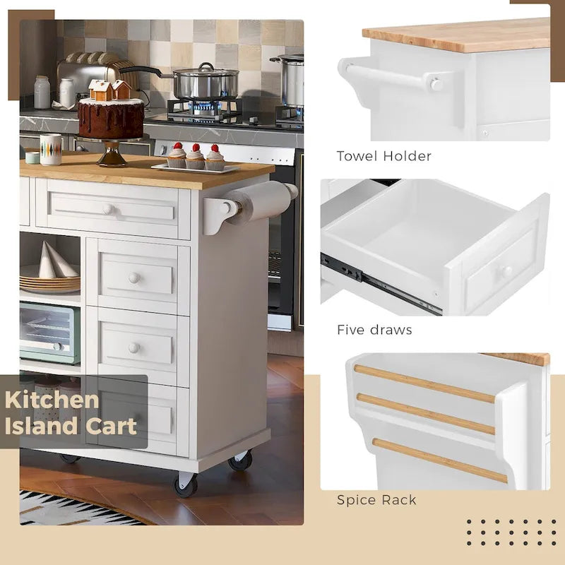Chariot de cuisine avec rangement et 5 tiroirs, étagère à épices, porte-serviettes, îlot de cuisine mobile roulant avec plateau en bois d'hévéa