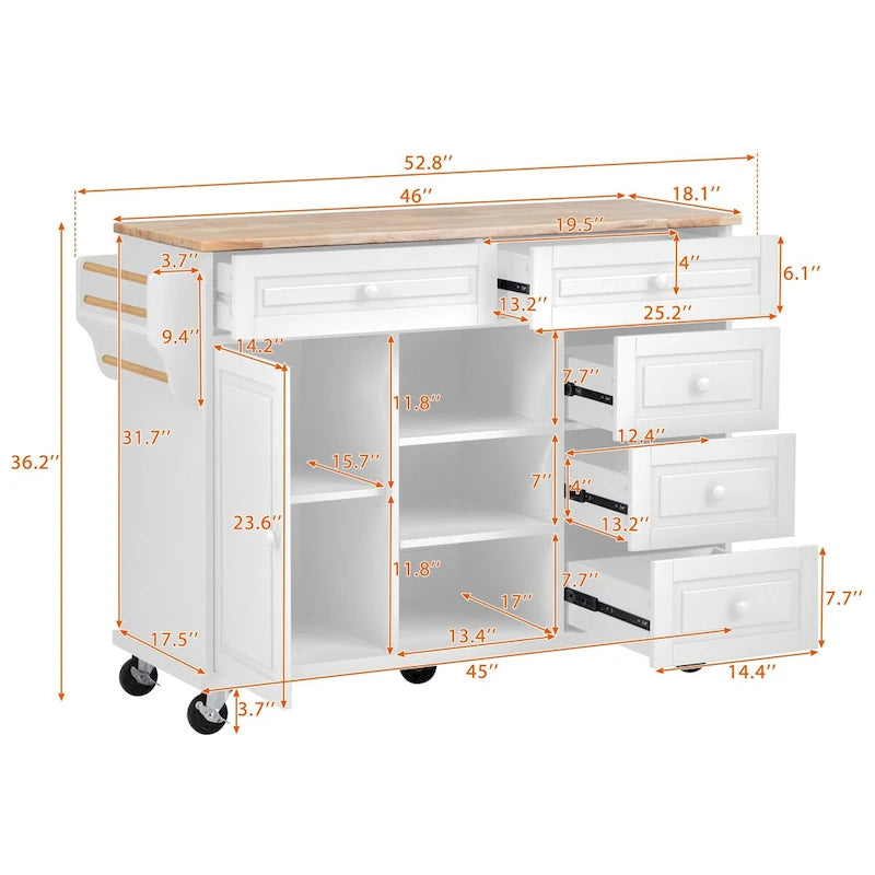 Chariot de cuisine avec rangement et 5 tiroirs, étagère à épices, porte-serviettes, îlot de cuisine mobile roulant avec plateau en bois d'hévéa
