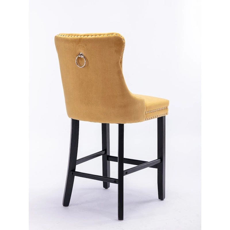 Tabourets de bar en velours capitonnés avec pieds en bois et garniture de clous décoratifs chromés, chaises de bar style décontracté