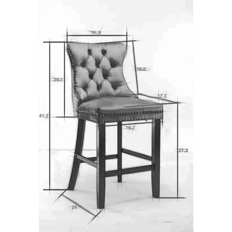 Tabourets de bar en velours capitonnés avec pieds en bois et garniture de clous décoratifs chromés, chaises de bar style décontracté