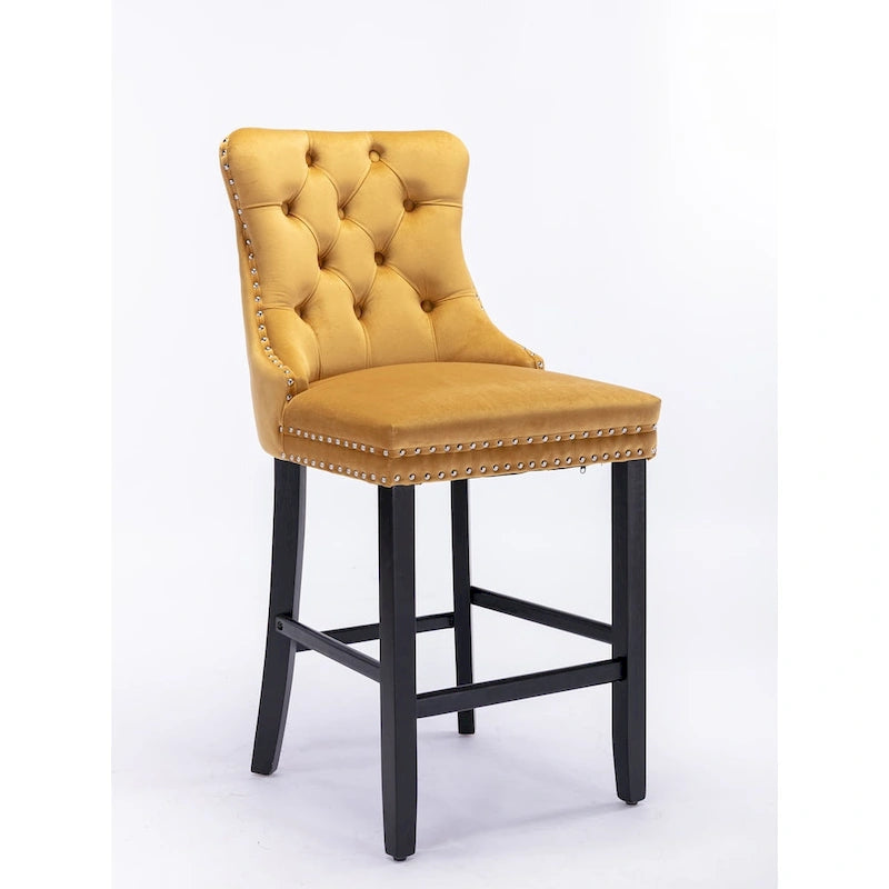 Tabourets de bar en velours capitonnés avec pieds en bois et garniture de clous décoratifs chromés, chaises de bar style décontracté