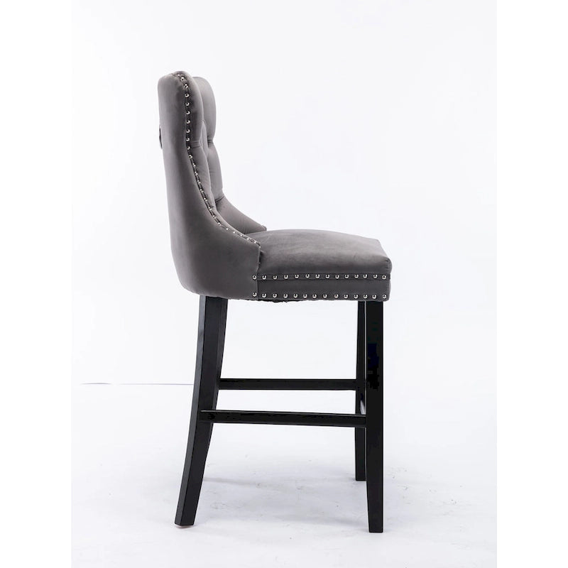 Tabourets de bar en velours capitonnés avec pieds en bois et garniture de clous décoratifs chromés, chaises de bar style décontracté