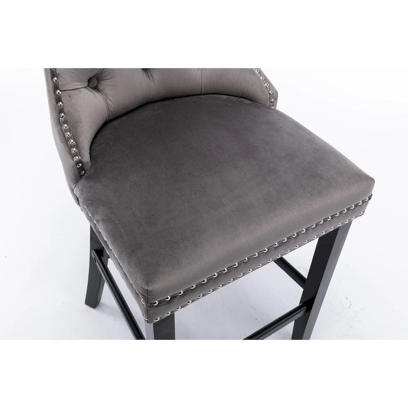 Tabourets de bar en velours capitonnés avec pieds en bois et garniture de clous décoratifs chromés, chaises de bar style décontracté