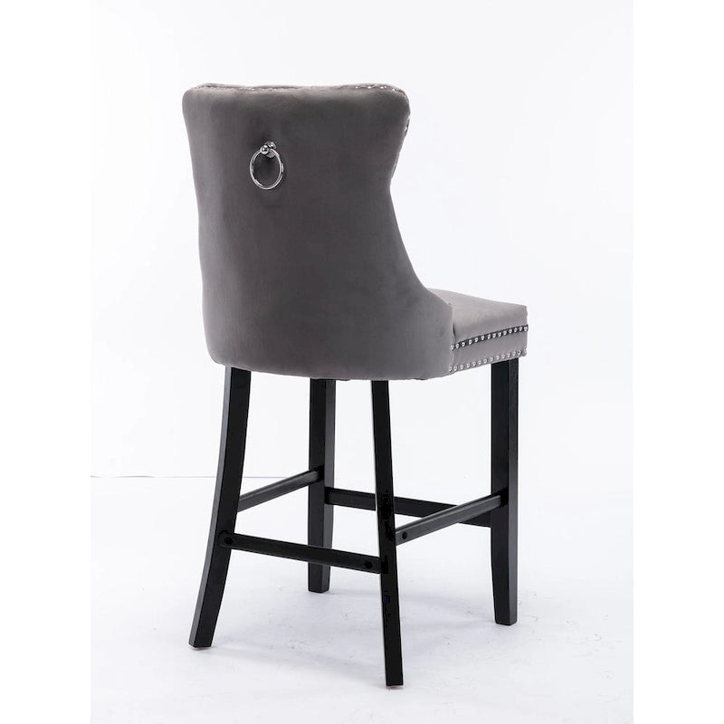 Tabourets de bar en velours capitonnés avec pieds en bois et garniture de clous décoratifs chromés, chaises de bar style décontracté
