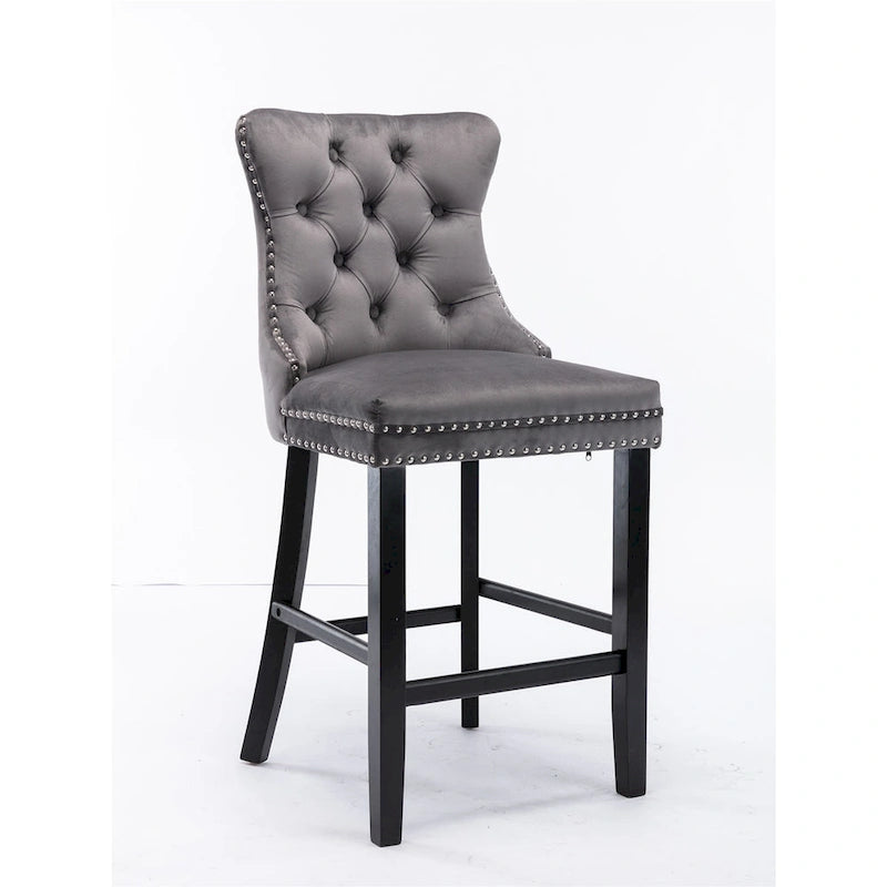 Tabourets de bar en velours capitonnés avec pieds en bois et garniture de clous décoratifs chromés, chaises de bar style décontracté