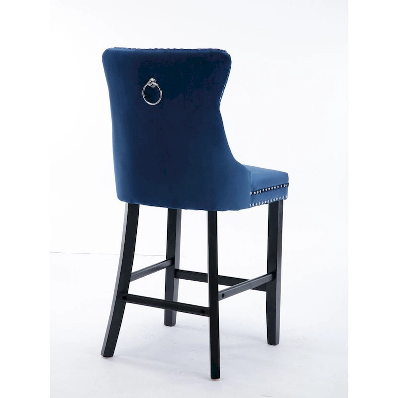 Tabourets de bar en velours capitonnés avec pieds en bois et garniture de clous décoratifs chromés, chaises de bar style décontracté