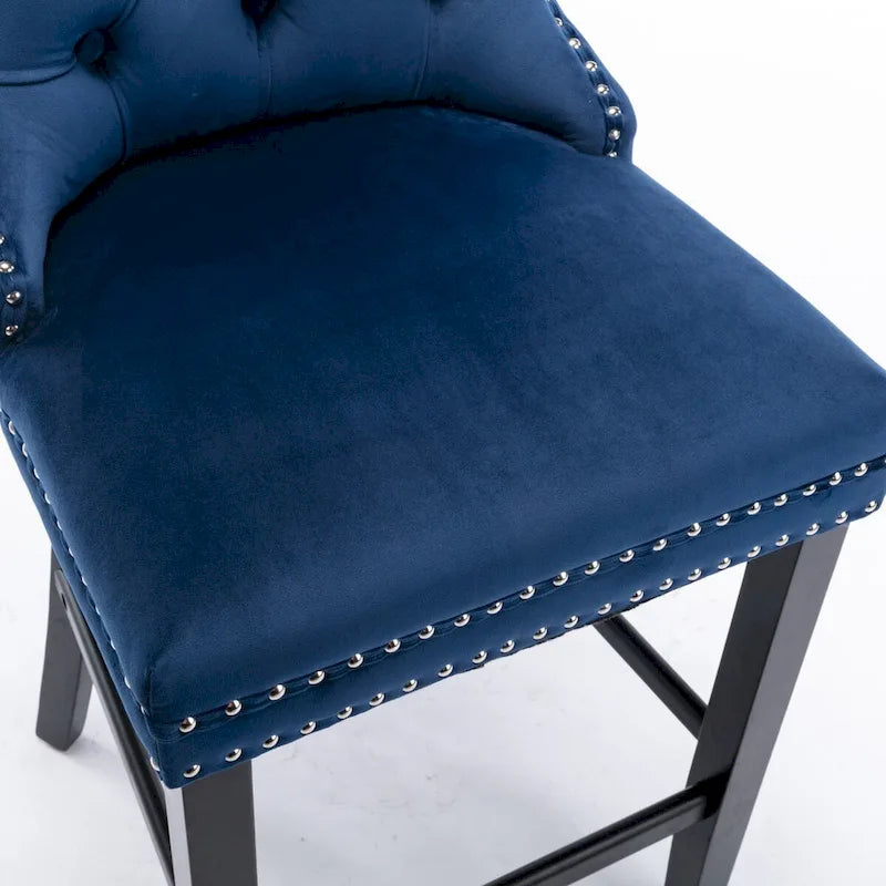 Tabourets de bar en velours capitonnés avec pieds en bois et garniture de clous décoratifs chromés, chaises de bar style décontracté