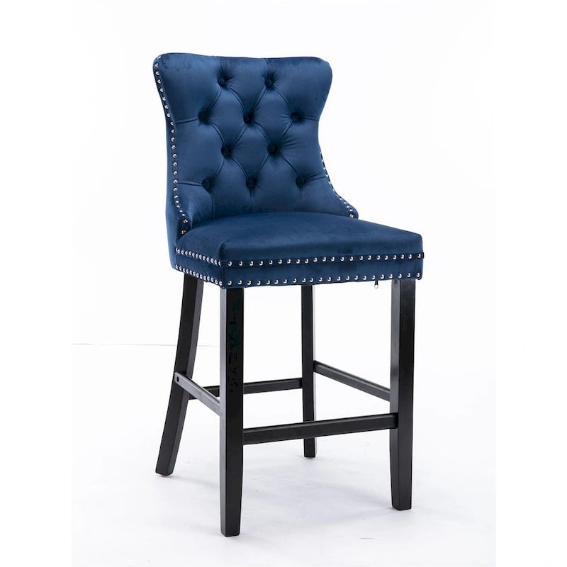Tabourets de bar en velours capitonnés avec pieds en bois et garniture de clous décoratifs chromés, chaises de bar style décontracté