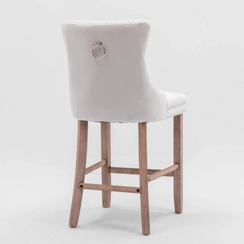 Tabourets de bar en velours capitonnés avec pieds en bois et garniture de clous décoratifs chromés, chaises de bar style décontracté